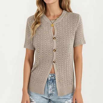Women's Short Sleeve Open Knit Button Front Sweater Top with Crew Neck and Relaxed Fit