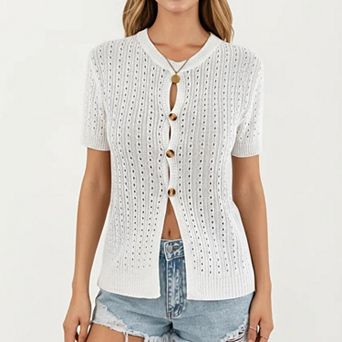 Women's Short Sleeve Open Knit Button Front Sweater Top with Crew Neck and Relaxed Fit