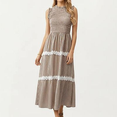 Anna-Kaci Women's Sleeveless Smocked Midi Dress with Ruffle Armholes and Lace Trim Panels - Small, Brown