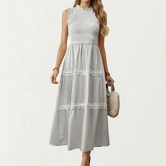 Women's Sleeveless Smocked Midi Dress with Ruffle Armholes and Lace Trim Panels
