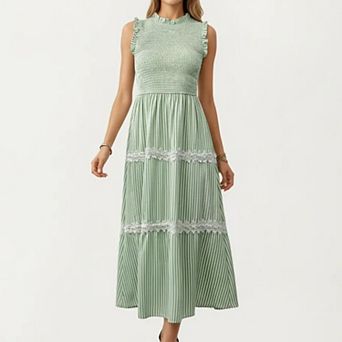 Women's Sleeveless Smocked Midi Dress with Ruffle Armholes and Lace Trim Panels