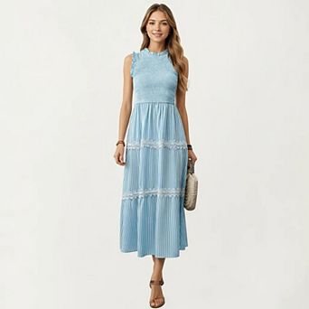 Women's Sleeveless Smocked Midi Dress with Ruffle Armholes and Lace Trim Panels