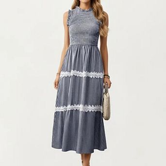 Women's Sleeveless Smocked Midi Dress with Ruffle Armholes and Lace Trim Panels