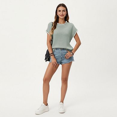 Short Sleeve Knit Top with Contrast Trim Crew Neck and Relaxed Fit