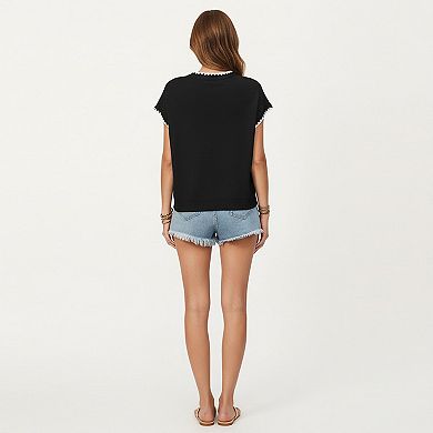 Short Sleeve Knit Top with Contrast Trim Crew Neck and Relaxed Fit