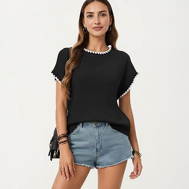 Short Sleeve Knit Top with Contrast Trim Crew Neck and Relaxed Fit