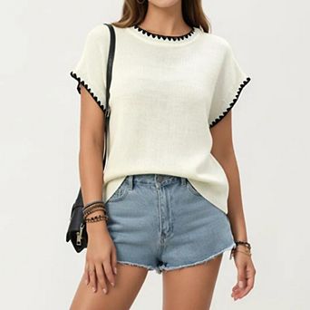 Short Sleeve Knit Top with Contrast Trim Crew Neck and Relaxed Fit
