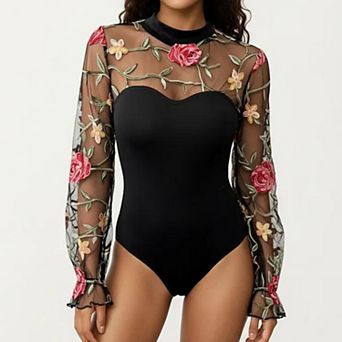 Women's Long Sleeve Bodysuit with Embroidered Floral Sheer Overlay and Fitted Sweetheart Silhouette