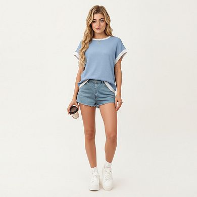 Short Sleeve Textured Knit Top with Contrast Rib Trim