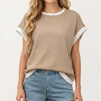 Short Sleeve Textured Knit Top with Contrast Rib Trim