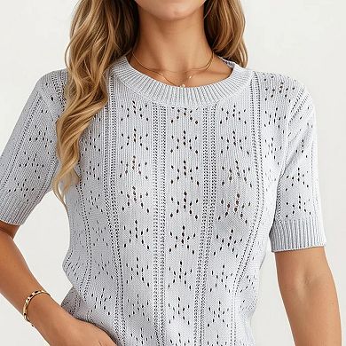 Women's Short Sleeve Open Knit Pullover Sweater Top with Crew Neck and Relaxed Fit