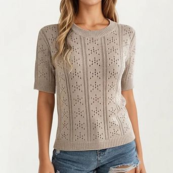Women's Short Sleeve Open Knit Pullover Sweater Top with Crew Neck and Relaxed Fit
