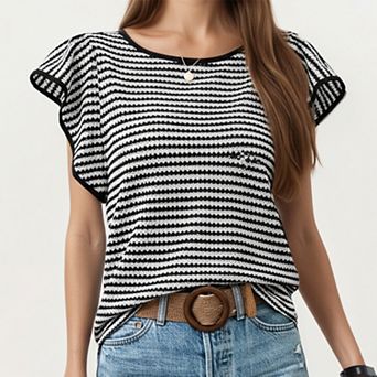 Striped Knit Short Sleeve Top with Contrast Trim Crew Neck