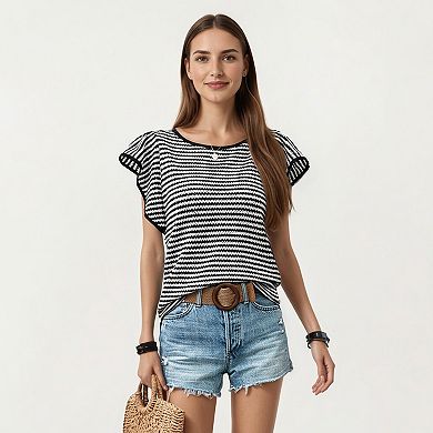 Striped Knit Short Sleeve Top with Contrast Trim Crew Neck