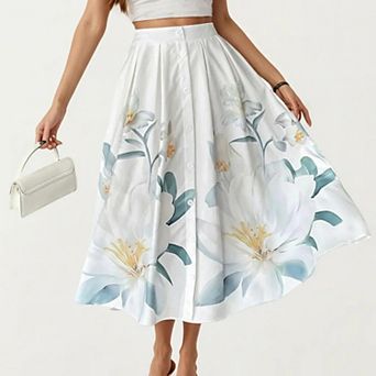 Women's High Waist Button Front Midi Skirt with Flowing A-Line Silhouette and Soft Woven Fabric