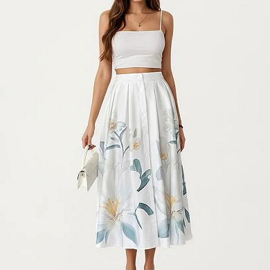 Women's High Waist Button Front Midi Skirt with Flowing A-Line Silhouette and Soft Woven Fabric