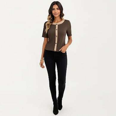 Women's Short Sleeve Ribbed Knit Top with Contrast Trim Button Front and Rounded Neckline