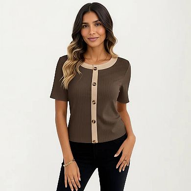 Women's Short Sleeve Ribbed Knit Top with Contrast Trim Button Front and Rounded Neckline