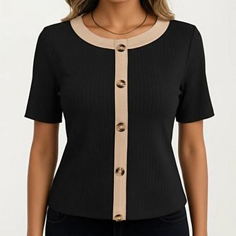 Women's Short Sleeve Ribbed Knit Top with Contrast Trim Button Front and Rounded Neckline