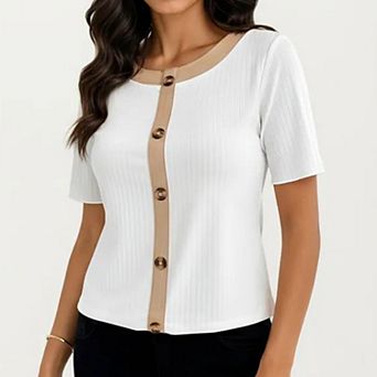 Women's Short Sleeve Ribbed Knit Top with Contrast Trim Button Front and Rounded Neckline