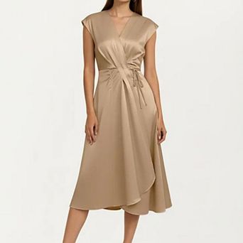 Women's Cap Sleeve Wrap Midi Dress with V Neckline Adjustable Side Tie and Fluid Draped Skirt