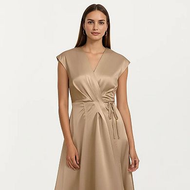 Women's Cap Sleeve Wrap Midi Dress with V Neckline Adjustable Side Tie and Fluid Draped Skirt