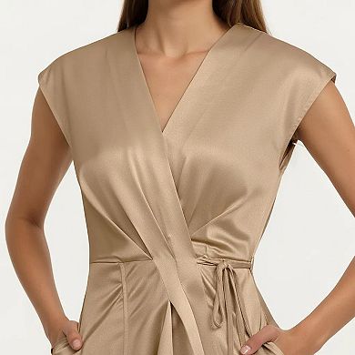 Women's Cap Sleeve Wrap Midi Dress with V Neckline Adjustable Side Tie and Fluid Draped Skirt