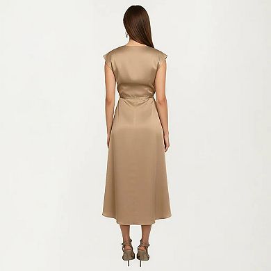 Women's Cap Sleeve Wrap Midi Dress with V Neckline Adjustable Side Tie and Fluid Draped Skirt