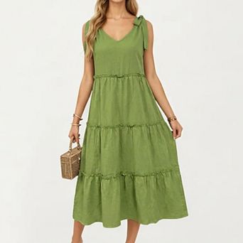 Women's Sleeveless Tiered Midi Dress with V Neckline and Shoulder Tie Detail