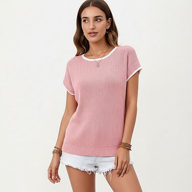 Short Sleeve Knit Top with Contrast Trim Crew Neck and Relaxed Fit