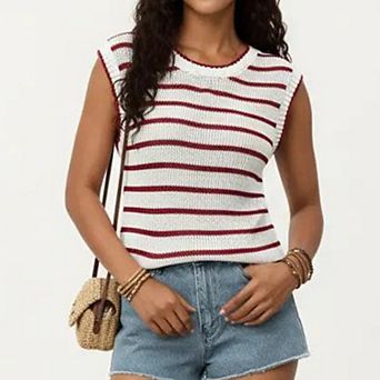 Sleeveless Textured Knit Top with Stripe Pattern