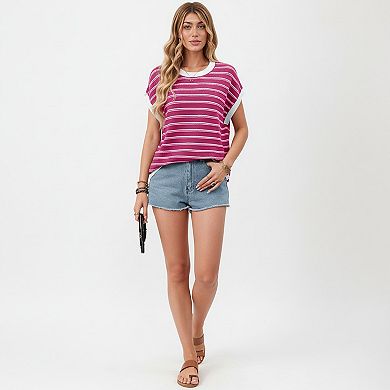 Short Sleeve Striped Knit Top with Contrast Rib Trim