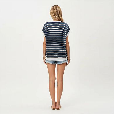 Short Sleeve Striped Knit Top with Contrast Rib Trim