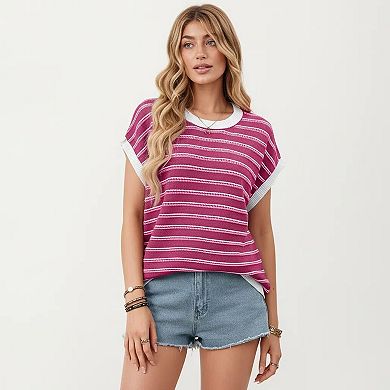 Short Sleeve Striped Knit Top with Contrast Rib Trim