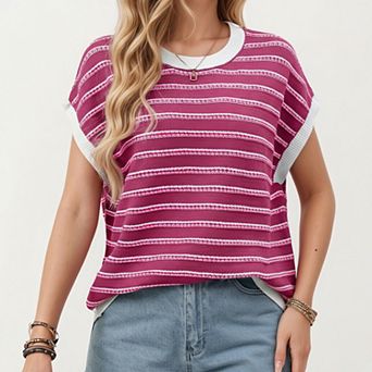 Short Sleeve Striped Knit Top with Contrast Rib Trim