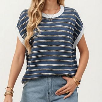 Short Sleeve Striped Knit Top with Contrast Rib Trim