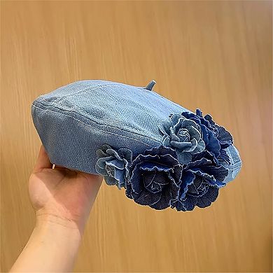 Women's Floral Denim Beret Hat Soft Structured Fashion Cap