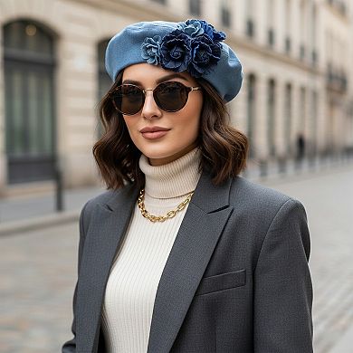 Women's Floral Denim Beret Hat Soft Structured Fashion Cap
