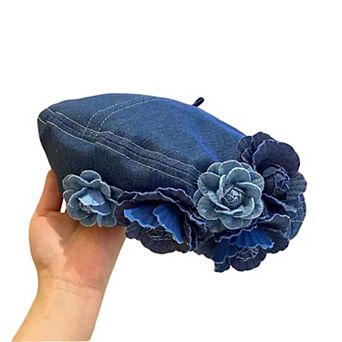 Women's Floral Denim Beret Hat Soft Structured Fashion Cap