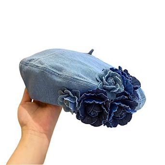 Women's Floral Denim Beret Hat Soft Structured Fashion Cap