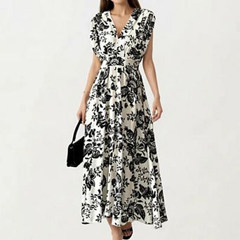 Women's V Neck Maxi Dress with Floral Print and Flutter Sleeves