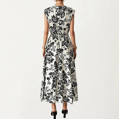 Women's V Neck Maxi Dress with Floral Print and Flutter Sleeves