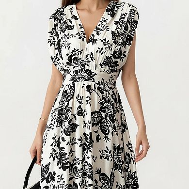 Women's V Neck Maxi Dress with Floral Print and Flutter Sleeves