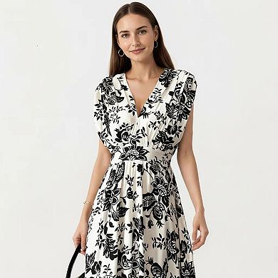 Women's V Neck Maxi Dress with Floral Print and Flutter Sleeves