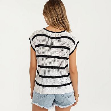 Women's Sleeveless Striped Knit Pullover Sweater Top with Ribbed Trim and Relaxed Fit