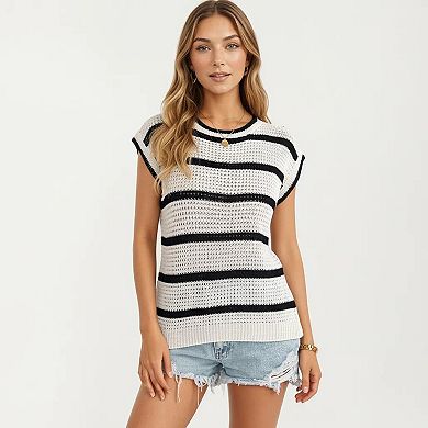 Women's Sleeveless Striped Knit Pullover Sweater Top with Ribbed Trim and Relaxed Fit