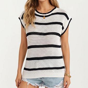 Women's Sleeveless Striped Knit Pullover Sweater Top with Ribbed Trim and Relaxed Fit