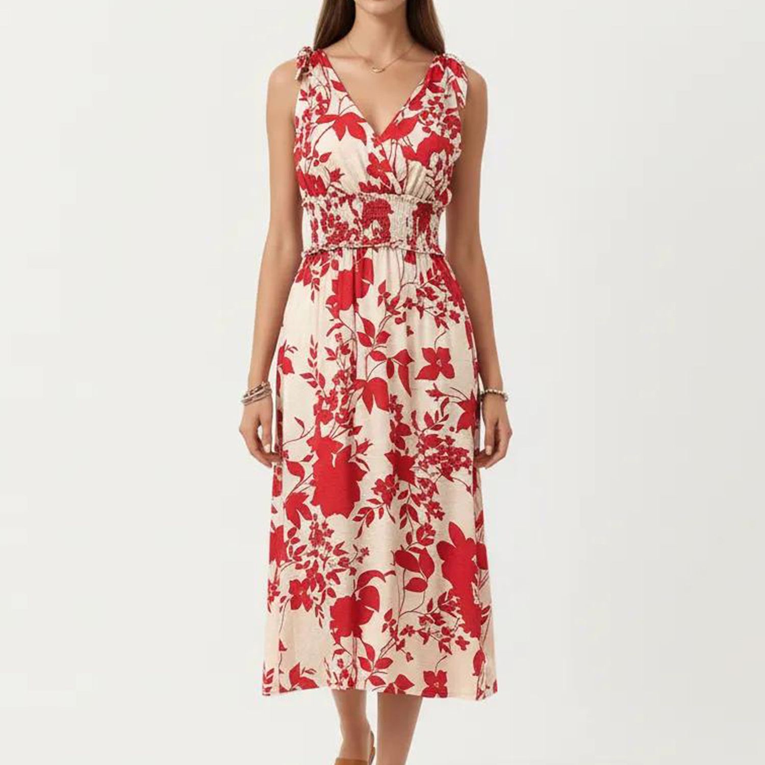 Женские платья Sleeveless V Neck Midi Dress with Smocked Waist and Flowing Skirt
