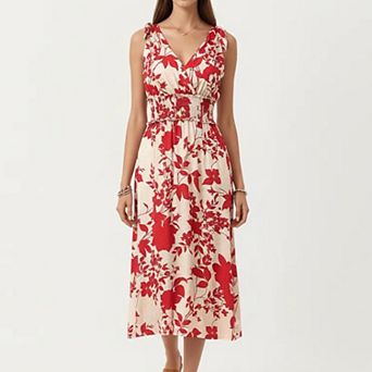 Women's Sleeveless V Neck Midi Dress with Smocked Waist and Flowing Skirt