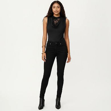 Women's Sleeveless Bodysuit with Lace Inset Mock Neck and Draped Front Detail